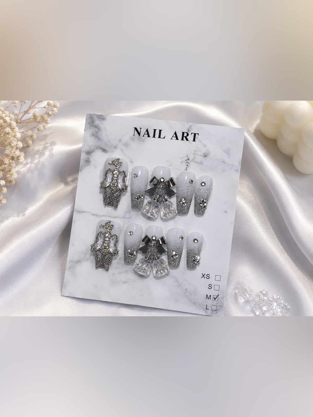 🆕 Handmade Luxury White & Silver Crystal Press-On Nail Set - Elegant Nail Art